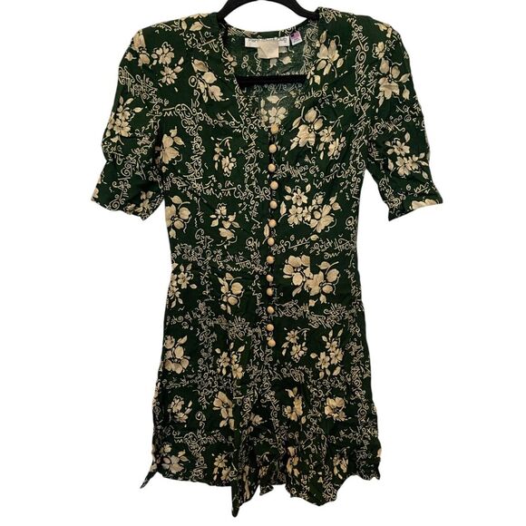 Paris Sport Club Button Front Romper Green Floral Womens Short Sleeve‎ V Neck - Picture 1 of 8